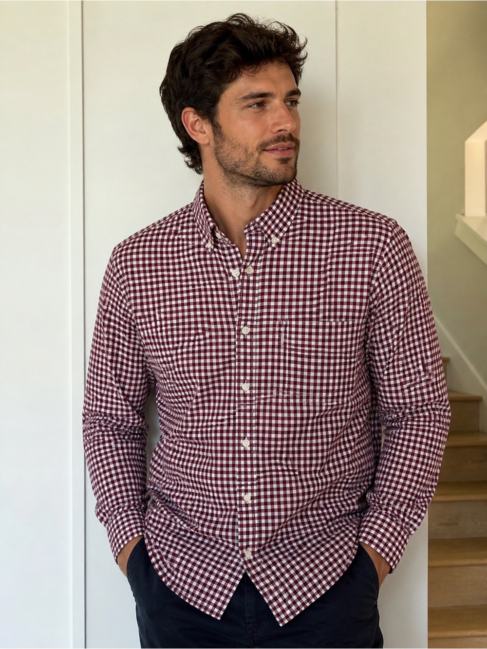 Old Navy Men’s Classic Burgundy Gingham Shirt Regular Fit